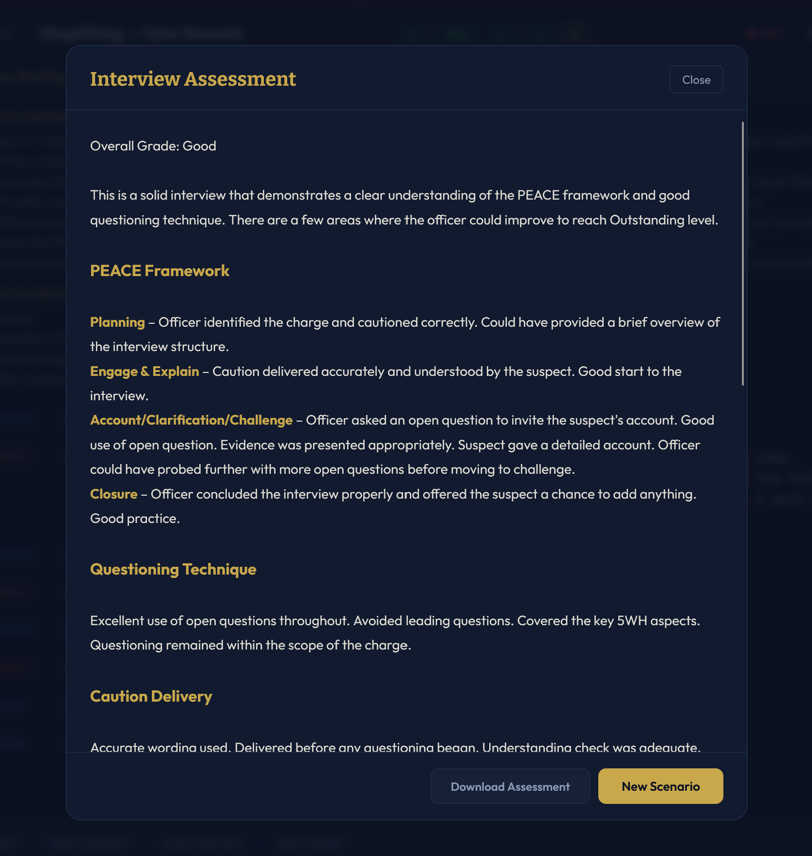 PIT assessment modal showing PEACE framework grading and detailed feedback
