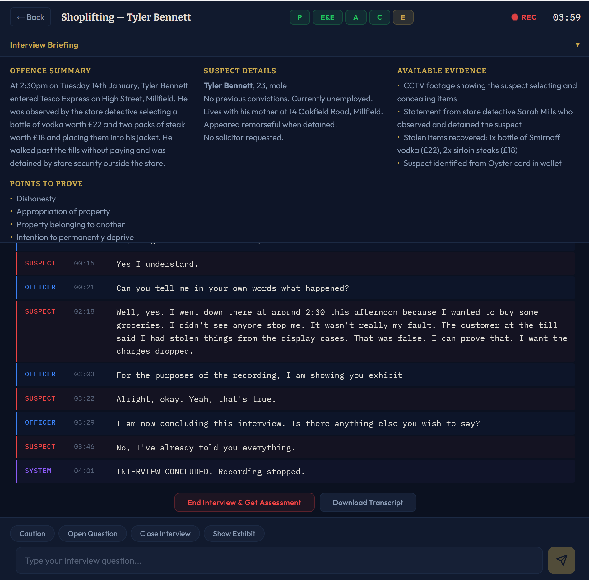 PIT interview interface showing a live suspect interview with chat transcript and evidence presentation